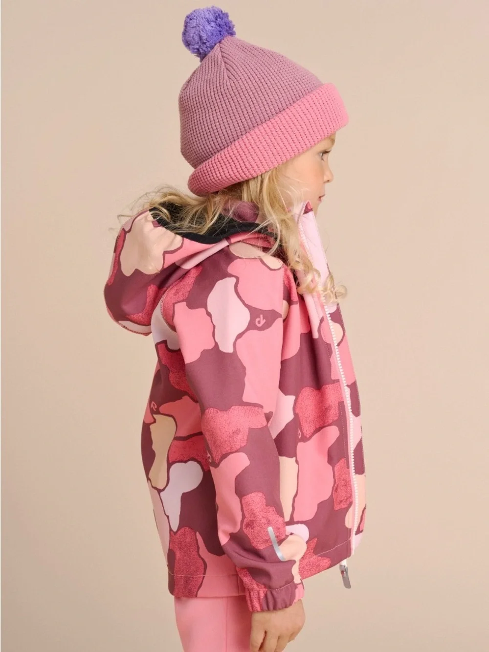 Reima Girls' Pink Sunset Camo Vantti Soft Shell Fleece-Lined Waterproof Jacket—9